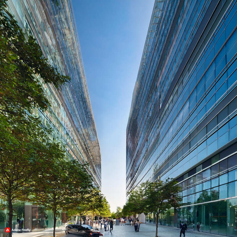 Corridor extérieur entre des immeubles de bureaux modernes à Toulouse Labège